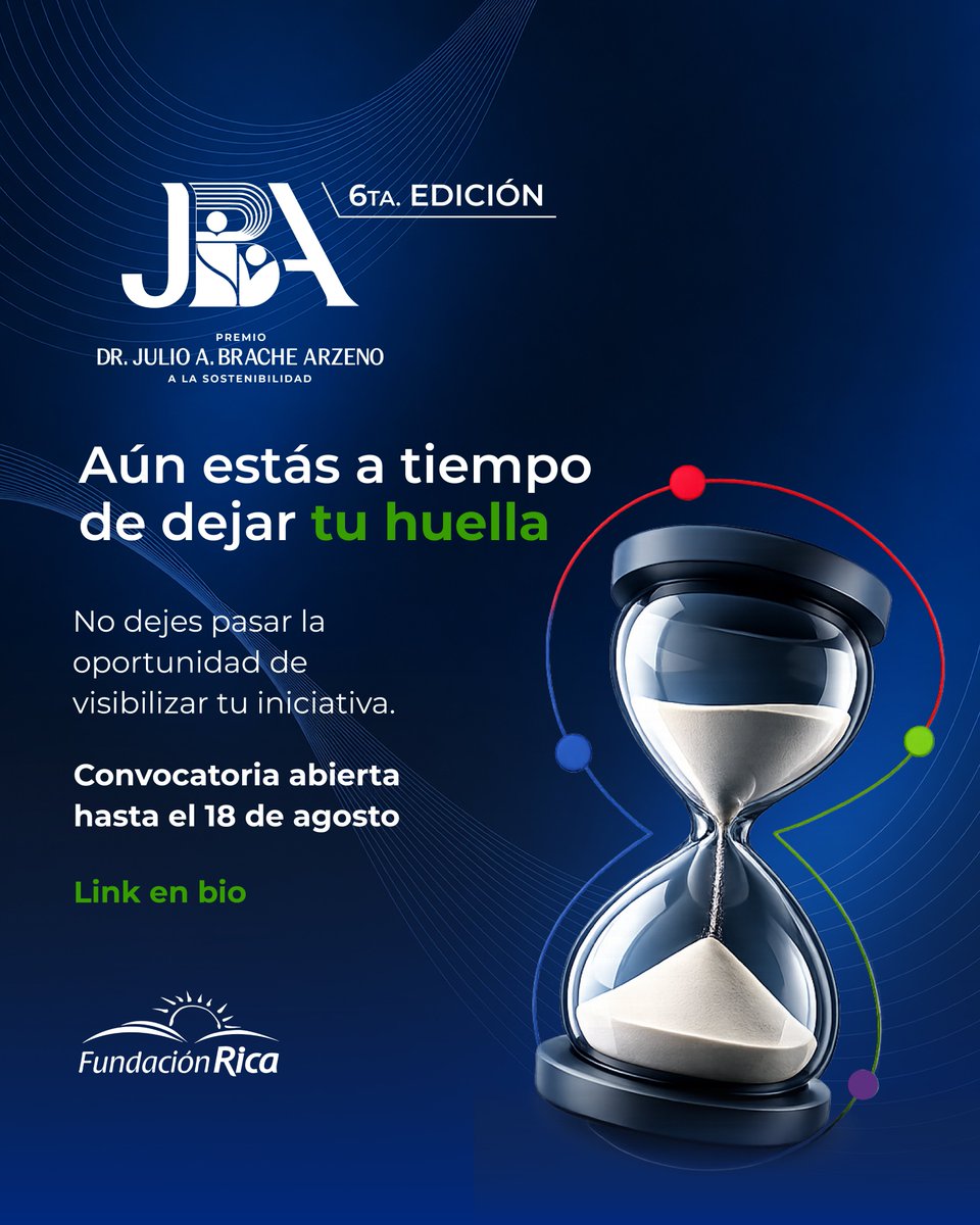 FundacionRica's tweet photo. ⏳ ¡Aún estás a tiempo de dejar tu huella! Si tu organización impulsa iniciativas de impacto social y desarrollo sostenible, participa en la 6.ª Edición del Premio Dr. Julio A. Brache Arzeno a la Sostenibilidad.

📅 Convocatoria abierta hasta el 18 de agosto. https://t.co/iOVg5v3Hpn