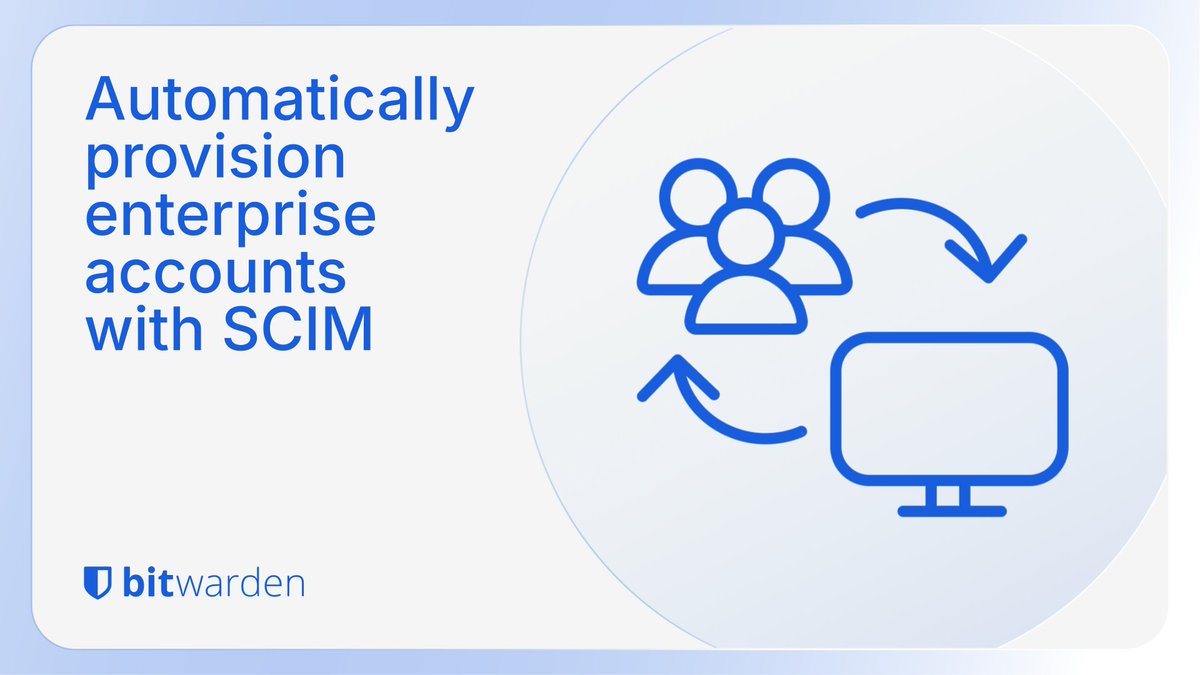 Bitwarden's tweet photo. Streamline onboarding users with SCIM. Sign up for a free Bitwarden enterprise trial to see #SCIM in action: https://t.co/QICakmR9Ao https://t.co/E9OOaOJrPU