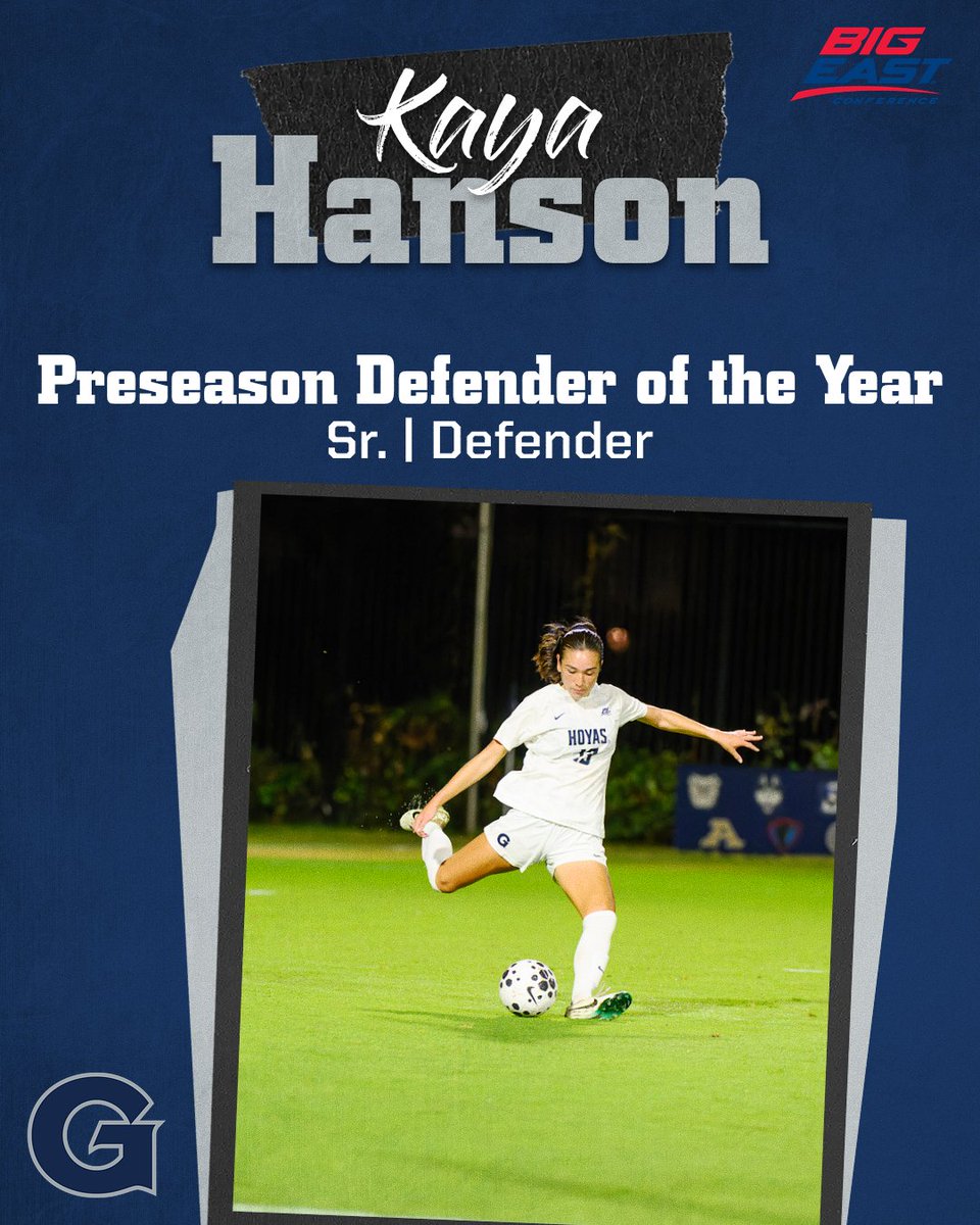 HoyasWSoc's tweet photo. Two of the conference's best⚔️

Hats off to Kaya Hanson and Lizzie Heller on earning @BIGEAST preseason honors! 

Hanson was named Preseason Defensive Player of the Year, Heller earned Preseason Midfielder of the Year, and both were selected to the Preseason All-BIG EAST Team! 👏 https://t.co/QVotHsJSBC