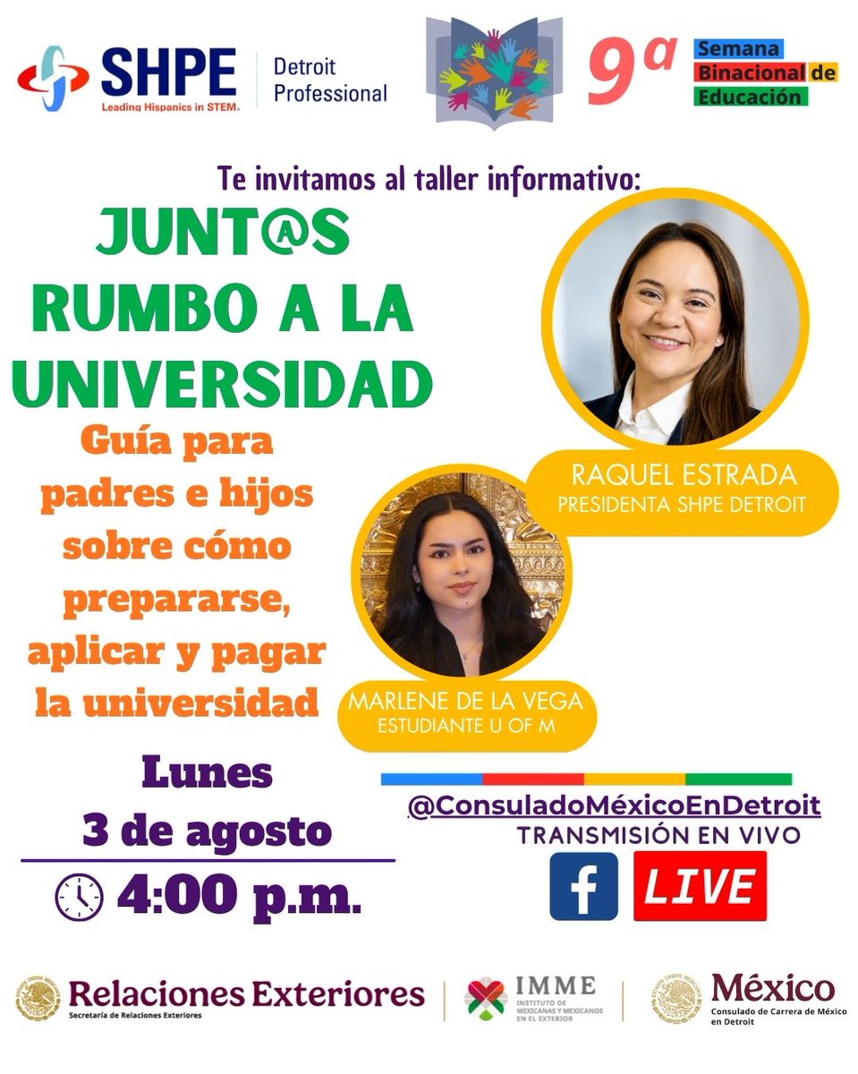 consulmexDET's tweet photo. Durante la #SBE, te invitamos a esta conversación con SHPE Detroit para poder aprender sobre los recursos que hay para poder asistir y financiar la universidad. 
📆3 de agosto 
🕛4 de la tarde.
🌐Facebook Live
#SBE #SBE2026 #Educación https://t.co/sKE2PEIaLX