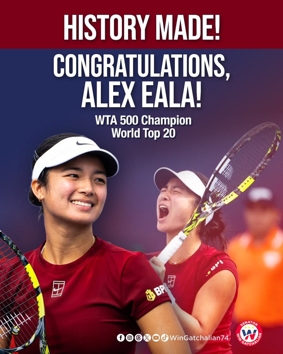 WinGatchalian74's tweet photo. A HISTORIC VICTORY FOR PHILIPPINE TENNIS!

Let us all congratulate Alex Eala as she claims her first WTA 500 title and breaks into the World Top 20! 

Thank you for bringing pride to our nation! https://t.co/8W6pOSFIyS