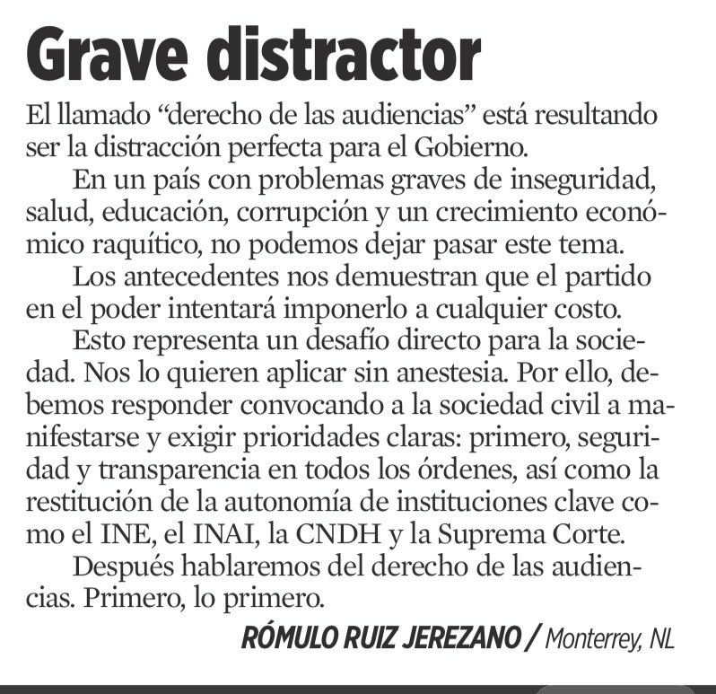 JLozanoA's tweet photo. ⚠️Buena reflexión y llamado por parte de Rómulo Ruíz Jerezano, lector de @Reforma, sobre la forma en la que nos están abrumando con el tema de los “Derechos de las Audiencias”, mientras el país se les cae a pedazos. Levantemos la voz y actuemos en consecuencia.

#ProhibidoCallar https://t.co/GJxILYh2u5