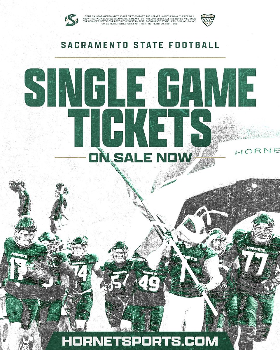 SacHornetsFB's tweet photo. 𝙎𝙄𝙉𝙂𝙇𝙀 𝙂𝘼𝙈𝙀 𝙏𝙄𝘾𝙆𝙀𝙏𝙎 𝙊𝙉 𝙎𝘼𝙇𝙀 𝙉𝙊𝙒 ❕

DON’T miss out on the Hornets inaugural FBS season 🗣️ Check out all our options at ⬇️

💻: https://t.co/SZyvh5l9DM
📞: (916)278-2222

#StingersUp | #GreenLine | #ZoTime https://t.co/lMPZQQsleS
