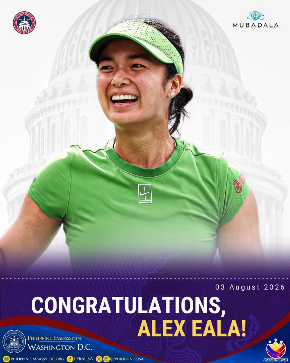 philippinesusa's tweet photo. History made! No rain on this parade!

The Philippine Embassy in Washington, D.C. proudly congratulates Alex Eala on her historic triumph at the 2026 Mubadala DC Open.

Photo credit: Mubadala DC Open Facebook Account https://t.co/nIiB2CSAum