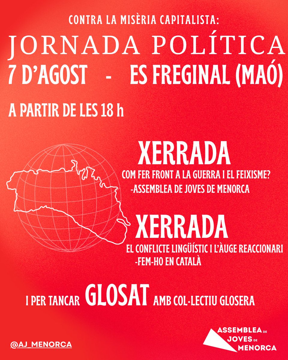 aj_menorca's tweet photo. Ja tenim aquí la programació de les Jornades Polítiques. Dia 7 as Freginal (Maó) i dia 8 al local de la CGT (Ciutadella).
Contra la misèria capitalista❤️‍🔥 https://t.co/05IKJlNlsu