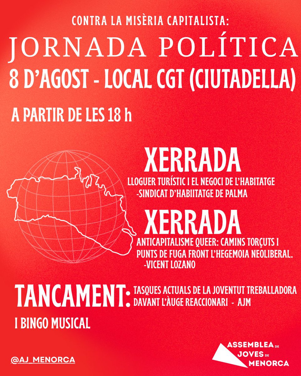 aj_menorca's tweet photo. Ja tenim aquí la programació de les Jornades Polítiques. Dia 7 as Freginal (Maó) i dia 8 al local de la CGT (Ciutadella).
Contra la misèria capitalista❤️‍🔥 https://t.co/05IKJlNlsu