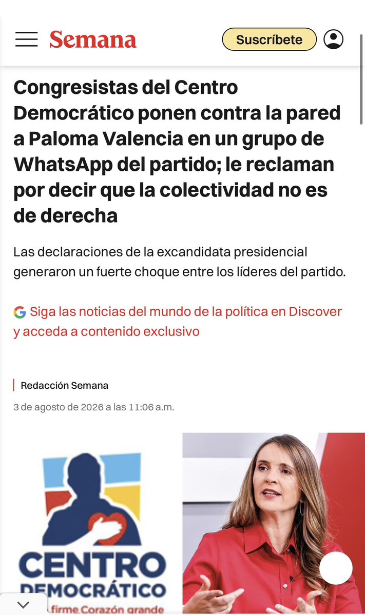 VickyDavilaH's tweet photo. Congresistas del Centro Democrático ponen contra la pared a Paloma Valencia en un grupo de WhatsApp del partido; le reclaman por decir que la colectividad no es de derecha

https://t.co/zR4qTXflDo https://t.co/vZEwcfrJtw