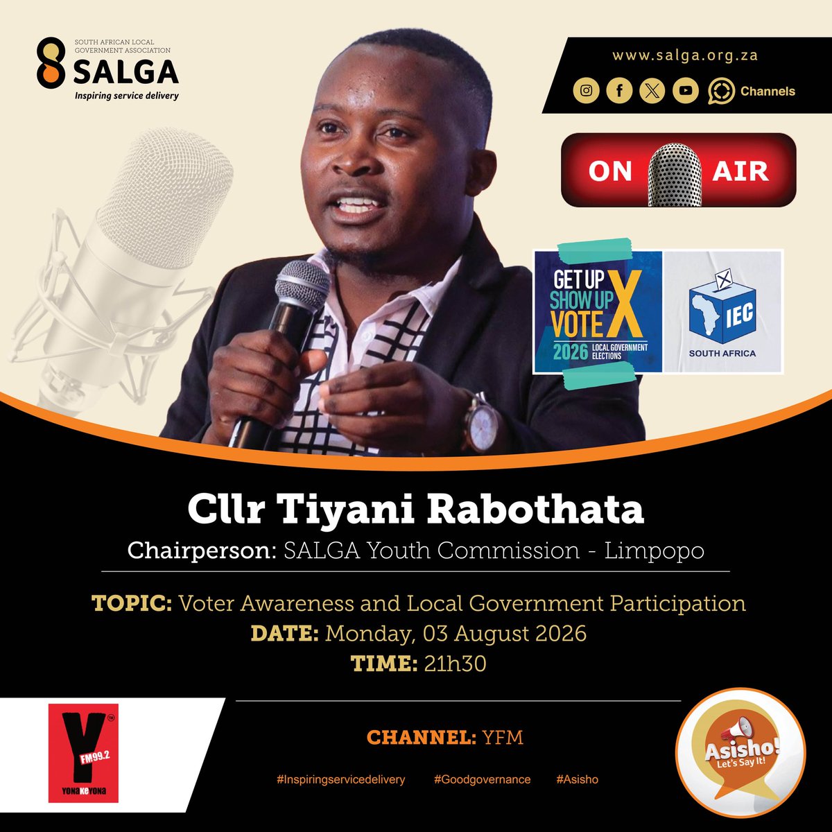SALGA_Gov's tweet photo. TUNE in to YFM Uncensored tonight (03 August) at 21:30 as, SALGA Youth Commission Limpopo Chairperson, Cllr Tiyani Rabothata engages in conversation abt voter awareness & local government participation.
#LocalGovernmentElections
#InspiringServiceDelivery
#SALGAElevate
#SALGA30 https://t.co/hYRZYVhTRu
