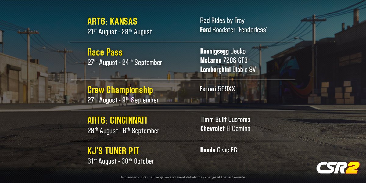 CSRRacing's tweet photo. 📅 August is here, and so is a month packed with exciting events! Check out the calendar to see what's coming up and start planning your next races. Which event are you looking forward to most?

Play CSR2 here: https://t.co/BI5gzBEdzu

#CSR2 #DragRacing #AugustEvents #CSR2Events #AmericanRoadTrip