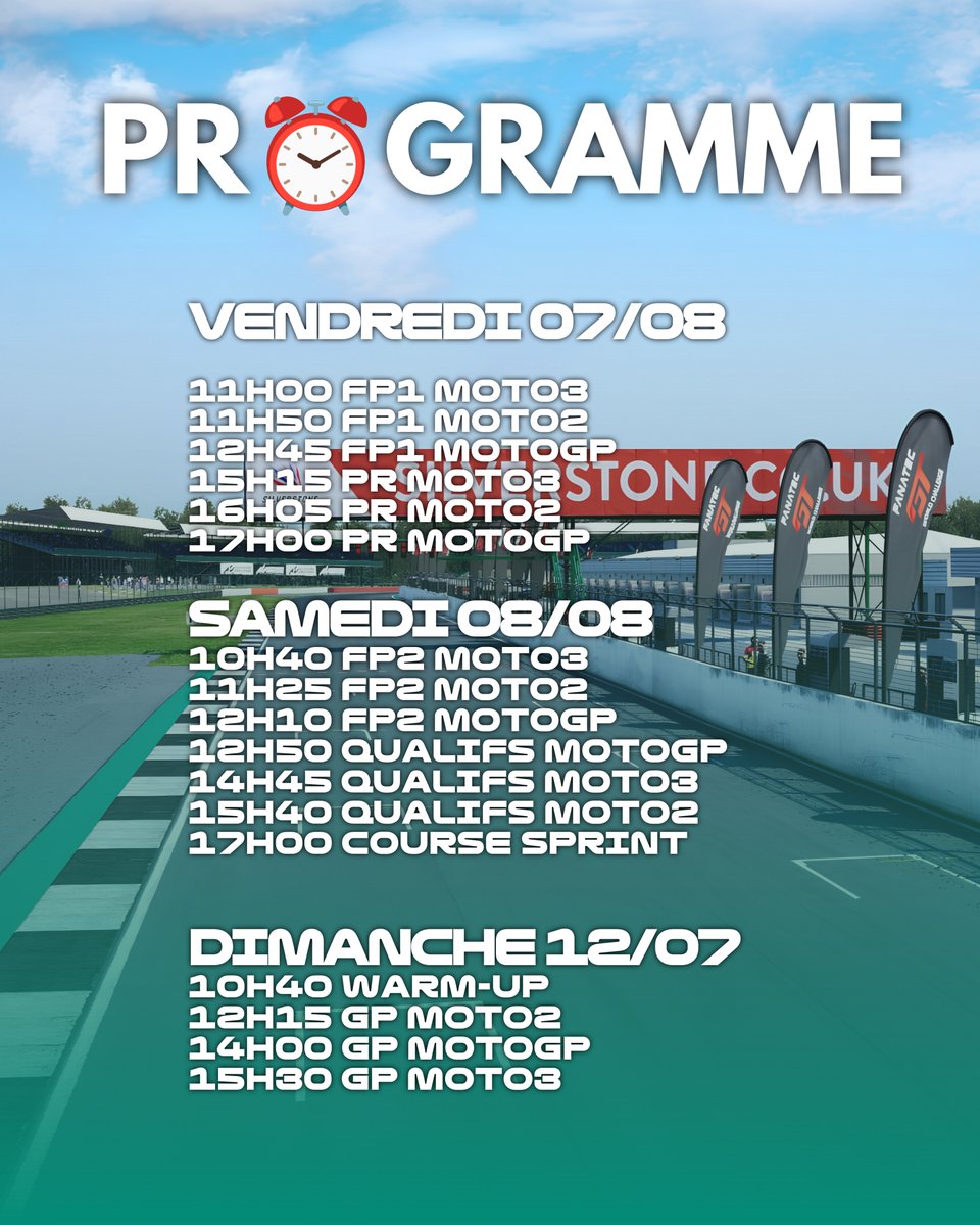 WGP_Magazine's tweet photo. RACE WEEK / #12 - Silverstone 🇬🇧

Après trois semaines de congé bien mérité, les pilotes sont de retour sur le circuit anglais de Silverstone. Aura-t-on un 12e vainqueur différent en 12 ans ? 

Pour être à l'heure sur chaque séance, demandez le programme ! 🕑📲
#MotoGP
#BritishGP https://t.co/dgNkhjLLlJ