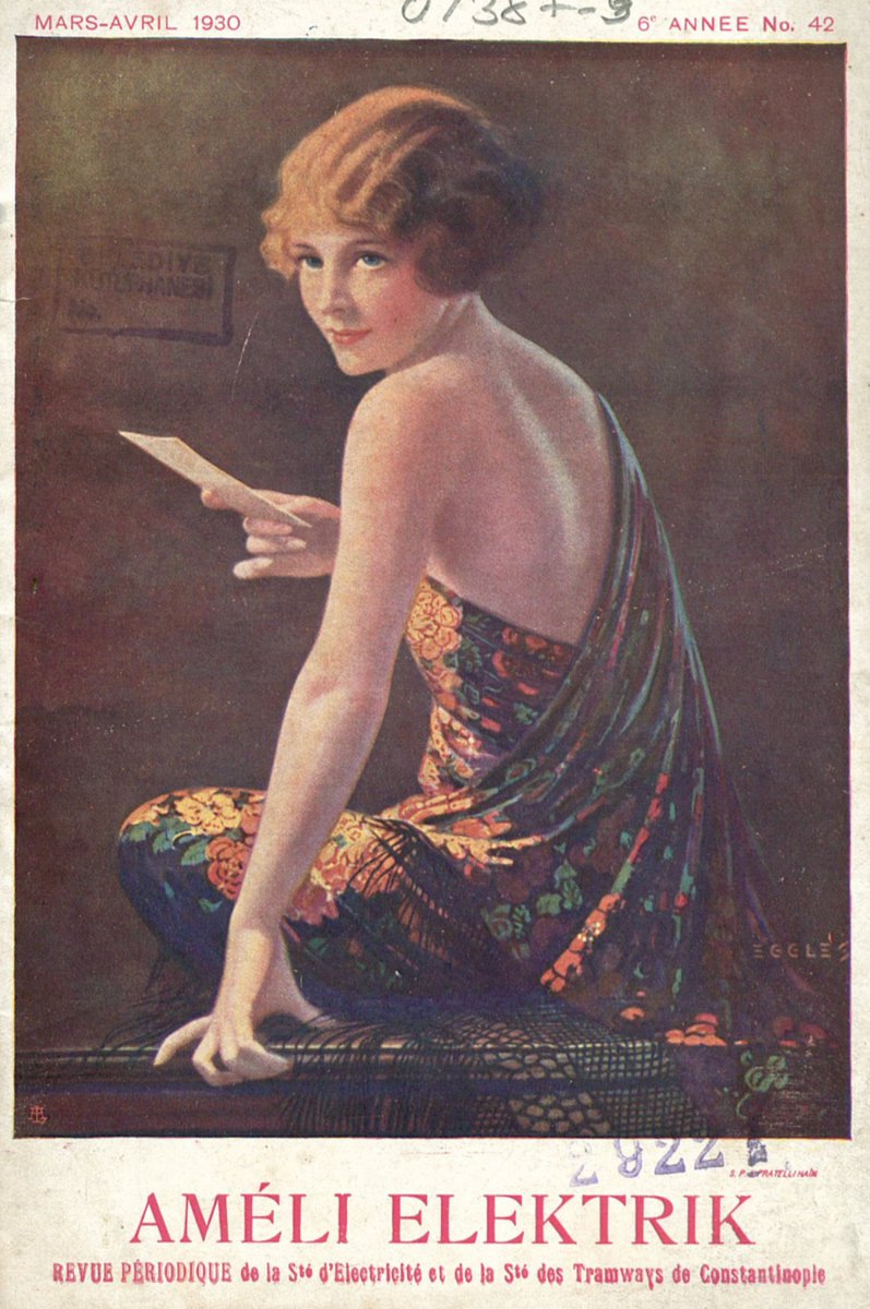 BeilinsonOrel's tweet photo. Before we had AI slop, there was the genre of the unnecessarily beautiful magazine cover. These covers all come from the French-language Periodical of the Electricity Company of the Istanbul Tramway Company, 1930! They even had a lovely "page de madame..." https://t.co/DVmeqKi3z4