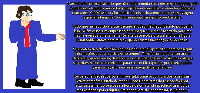 sEffocy's tweet photo. --- Moon Clock | Ezequel ---
Em um RPG de Jojo, este foi 1 de 3 personagens dessa campanha que fui expulso... de novo.
Arte Única:
#HopeRPG #RPG #escritacriativa #arte #jojosbizarreadventure https://t.co/KTEYYL7JKv