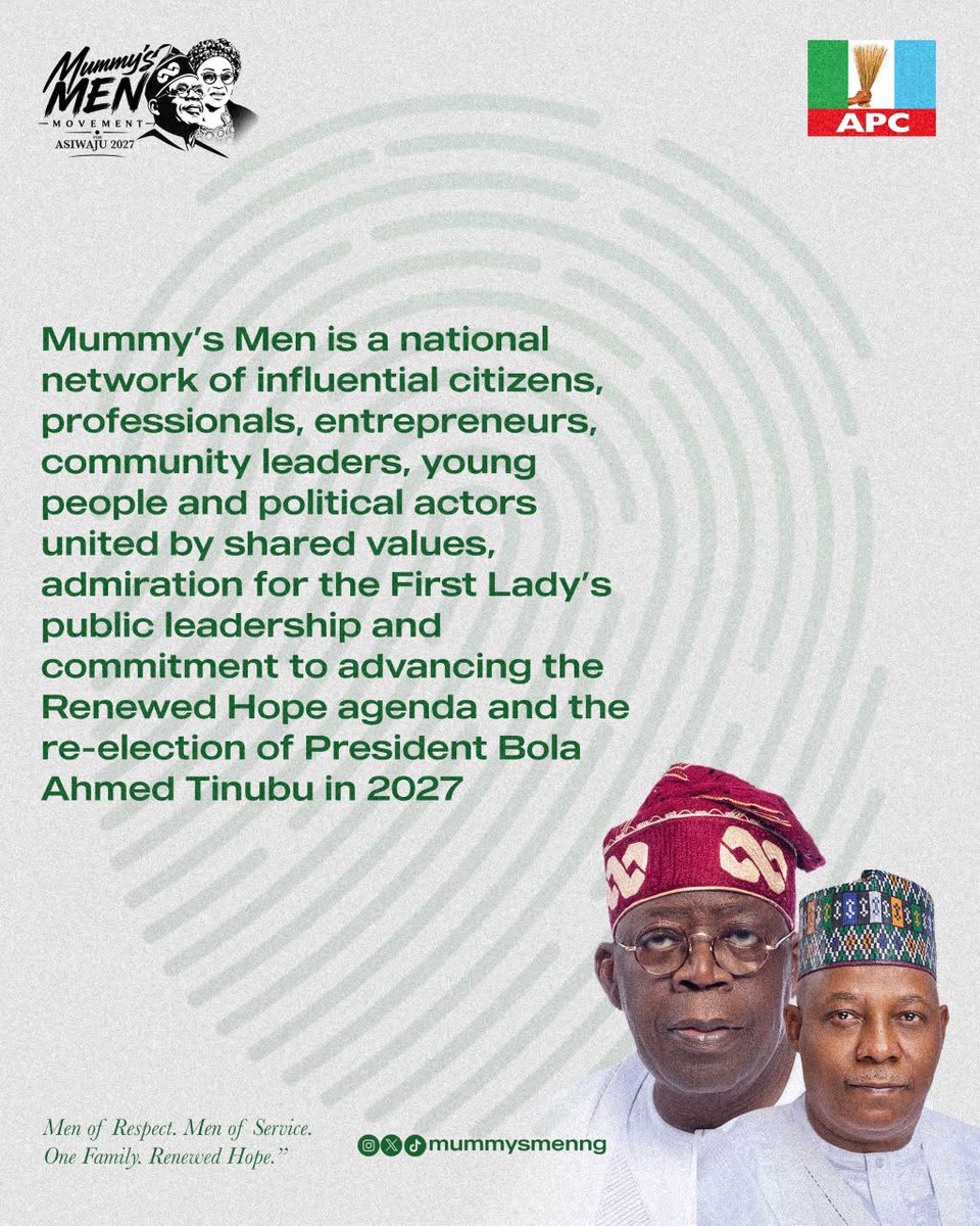 Alexcassy's tweet photo. As an initiative of the APC National Youth Wing,  Mummy’s Men Movement is an independent national movement bringing together Nigerians from all walks of life who are inspired by the values of family, service, dignity, compassion, and nation-building exemplified through the public leadership of Her Excellency, Senator Oluremi Tinubu.

the movement is committed to mobilising citizens, strengthening grassroots participation, advancing the Renewed Hope agenda, and supporting the re-election of President Bola Ahmed Tinubu in 2027.

Driven by the belief that every Nigerian has a role to play in building a stronger nation, Mummy’s Men Movement welcomes professionals, entrepreneurs, community leaders, students, women, young people, creatives, members of the diaspora, and political actors into one united platform for service, and nation-building.

Join the movement. Be part of the mission. Build the future.

#MummysMightyMen #RenewedHope #Asiwaju2027 #APCNationalYouthWing