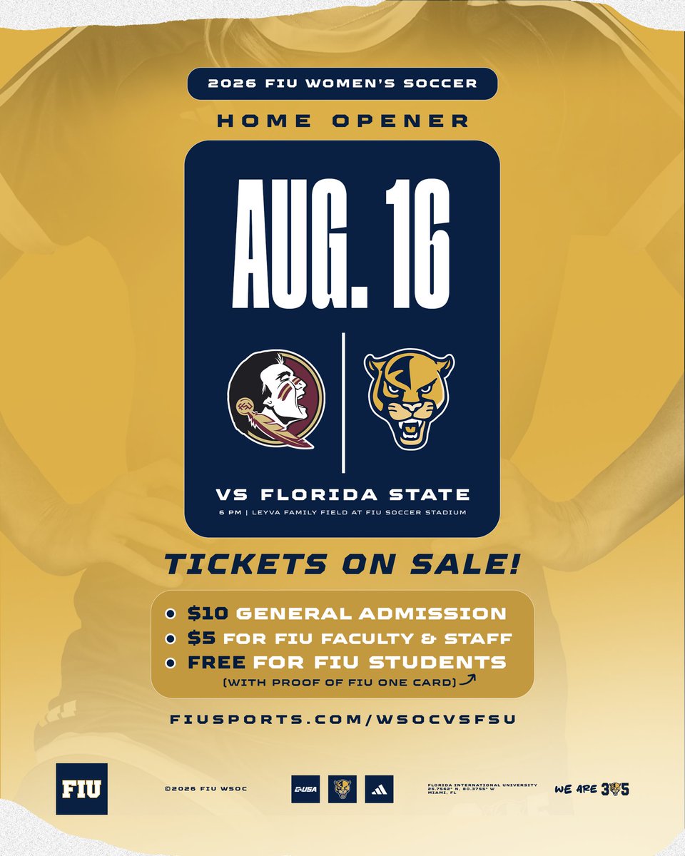 FIUAthletics's tweet photo. Massive in-state clash for the @FIUWSoccer home opener! Tickets to watch us take on the Noles are now live 🫡 

🎟️ https://t.co/EX7LT7I7cb https://t.co/nNjSniUCPn