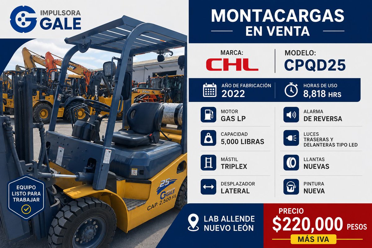 impulsoragale's tweet photo. Montacargas en Venta. #AllendeNL - marca #CHL capacidad para 5,500 libras, Motor #Nissan, Gas LP. Equipo año 2022. $ 220,000.00 mxn mas iva https://t.co/5xZValBo54