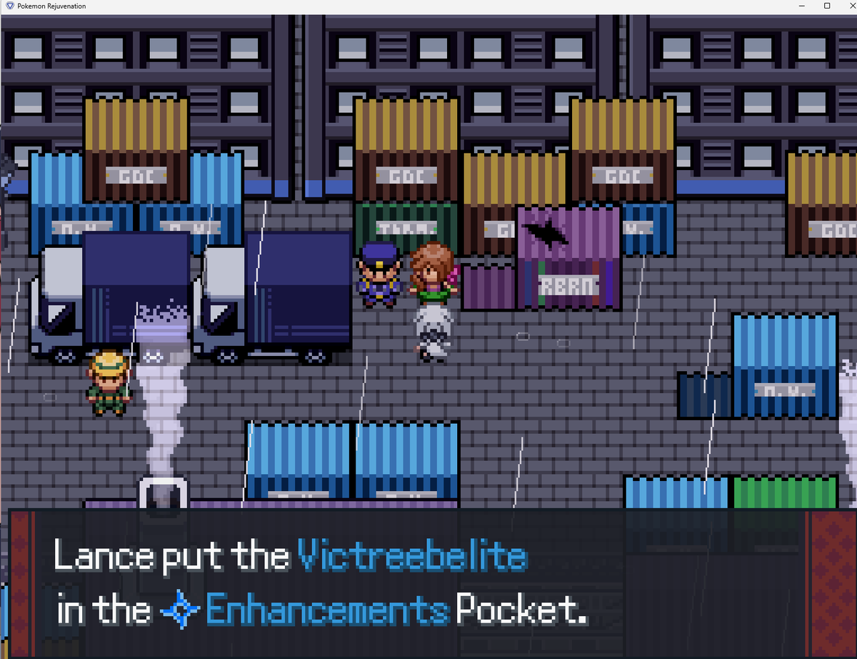 RejuvTrivia's tweet photo. There is an extension to the Dangerous Pokemon quest if the player has a completed Reborn save file.

This leads to a battle with Sandy. If you win, she gives you the Victreebelite and trades you a Gliscor. https://t.co/5O23djE9gI