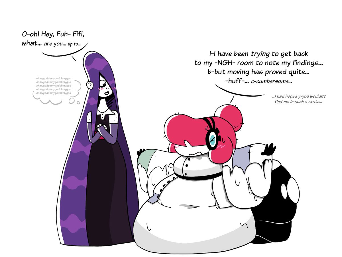Scrap4Brainz's tweet photo. MORE Detective Grimoire art today, this time for my buddy @odd_cross !

Seems Fifi accidentally encountered Poppy on her way back to her room whilst experiencing some slight mobility issues from her recent experiments 
I'm sure this can only go well :3c https://t.co/4pIZn3cQam