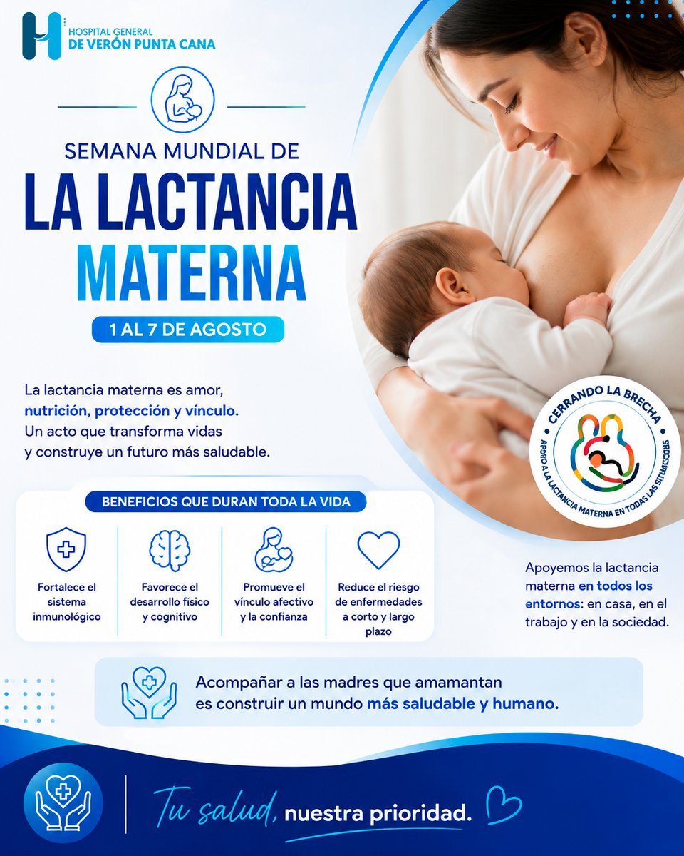 Hospitalveronpc's tweet photo. 🤱💙 En la Semana Mundial de la Lactancia Materna, promovemos una práctica que protege la salud de madres y bebés.

✨ La lactancia materna es amor, nutrición y el mejor comienzo para la vida.

#SemanaMundialDeLaLactanciaMaterna #LactanciaMaterna #VeronPuntaCana #LaAltagracia https://t.co/1rRzdQnlBU