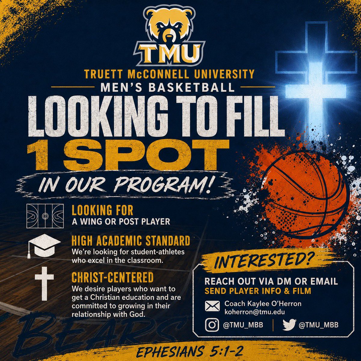 TMU_MBB's tweet photo. 🚨LOOKING FOR ONE MORE BEAR 🚨

We’re not just building a team. We’re building men. 
Men who pursue excellence. 
Men who compete with humility. 
Men who seek Christ first. 

That’s what it means to wear the bear. 
Could this be your next chapter?🐻🏀

#naiabasketball #Georgia https://t.co/1HU88ylWaa