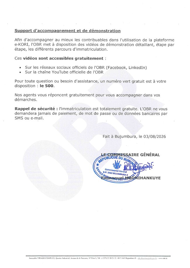 OBR_BI's tweet photo. 🇧🇮 A compter du 04 août 2026, date de mise en service (« Go Live ») de la plateforme numérique #e_KORI, toutes les nouvelles demandes d'immatriculation seront traitées exclusivement en ligne via la plateforme #e_KORI via ce lien https://t.co/in4cZmeacj https://t.co/YNixuEse6j