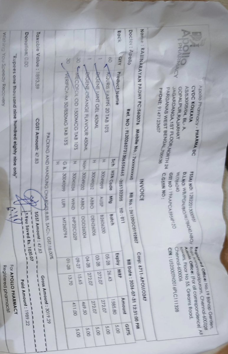 Rux915's tweet photo. @Apollo24x7 You people are running a scam, the hone number mentioned on the bill doesn't work. Medicines are missing from order. Medicines are being delivered with poor packaging where strips are in damaged confition.A real fraud is going on at apolo 24x7.  @IMAIndiaOrg must take action https://t.co/kiSQGBeW3O