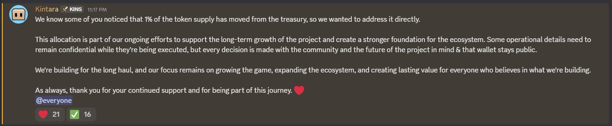 oreymorey69's tweet photo. Update: @PlayKintara has clarified the recent movement of 1% of the $KINS supply from its treasury.

The allocation will support Kintara’s long-term growth, with the wallet remaining public for transparency.

The focus remains on growing the game and its ecosystem. https://t.co/SpR8An62zO