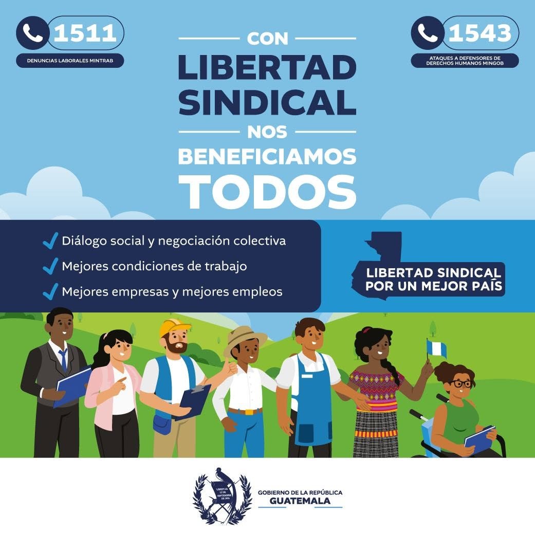 MINTRABAJOGuate's tweet photo. 💫 La libertad sindical es un derecho que los trabajadores y empleadores poseen para organizarse en sindicatos voluntariamente.

✅ Conoce la Guía de Libertad Sindical: https://t.co/7NMEuBuKG0 

#LibertadSindical #Negociacióncolectiva #ProtegerTransformarAvanzar https://t.co/nv1ps4Hbwl