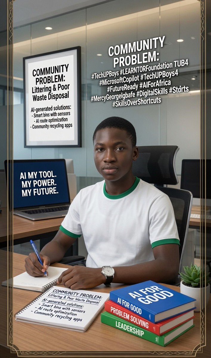 AJ_tools_01's tweet photo. 💡 See problem? No complain. Bring solution!  
I used AI to fix littering in my community.  
Smart bins + route optimization + recycling apps = Cleaner streets.  
Leaders don’t talk. They build.  
AI is my tool. My power. My future.  
#TechUPBoys4 #FutureLeader #AIForAfrica https://t.co/tnA7arVq1d