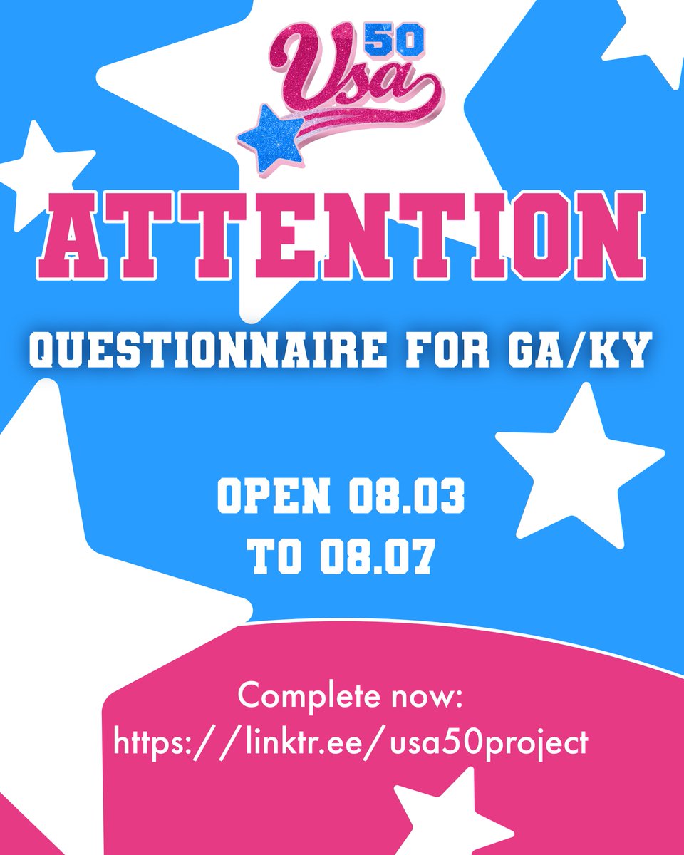 USA50Official's tweet photo. 【USA50 Wants Feedback From GA/KY!】
-`♡´- ========================== -`♡´-
USA50 is looking for feedback from our Georgia and Kentucky audience! You can find the form link in our linktree: https://t.co/IYcvpjZAp7
Check details in the image attached. https://t.co/GhOQIOMW89