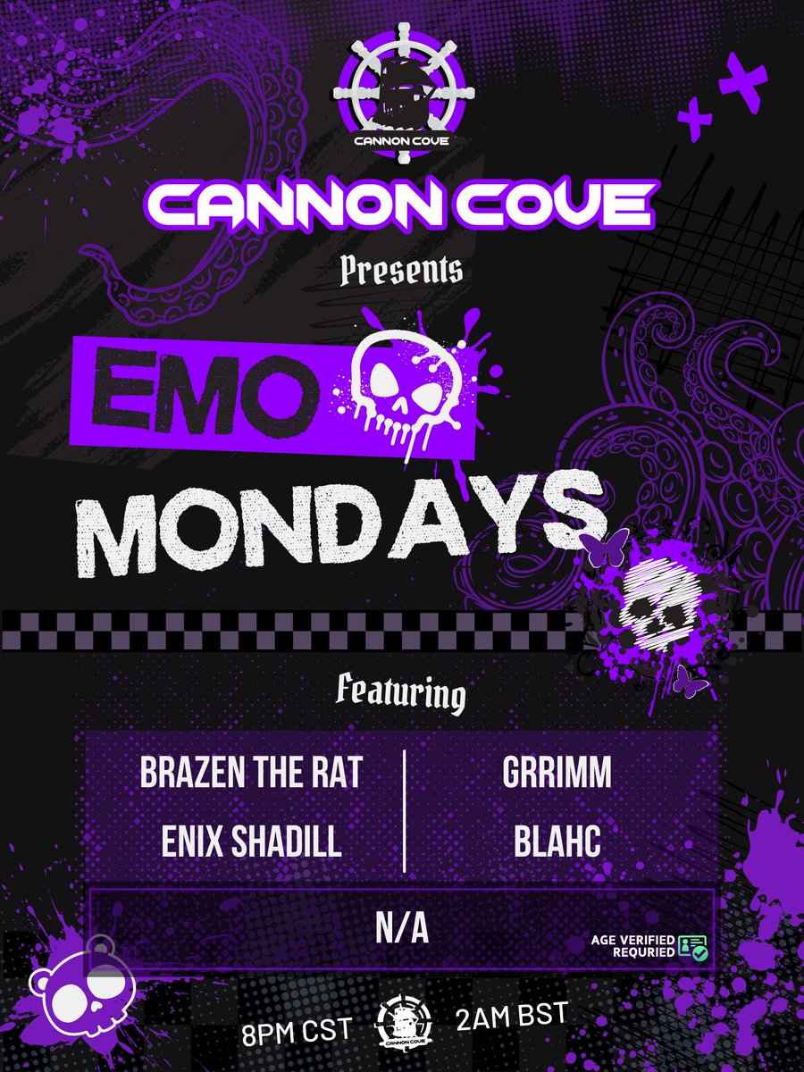 Cannon_Cove's tweet photo. IT WAS NEVER A PHASE!   (all times CST)          
SFW | The Shaft | 8PM-12AM      
NSFW | Emo Night Orb | 12-1AM       
AGE VERIFIED REQUIRED          
DJs: 8PM – Brazen The Rat 9PM – Grrimm 10PM -Enix Shadill 11PM – Blahc 12AM – N/A 
Hosts: Brazen The Rat | ElixTwo | RedSavann https://t.co/pYTHGiDy41