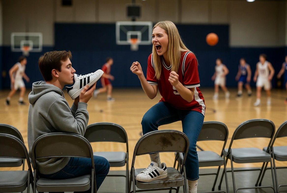 MarkoHein2's tweet photo. Girl is cherring her boyfriend / slave on to sniff her shoe in public at a basketball game https://t.co/ZLUPPoJRus