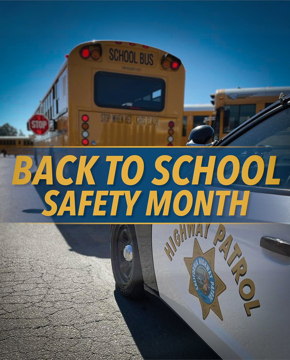 CHP_HQ's tweet photo. August is #BacktoSchoolSafetyMonth. Help keep students safe: slow down in school zones, stop for school buses, watch for children crossing, stay off your phone, and give extra space to walkers and bicyclists. Every trip matters. 🚌 https://t.co/XxlOFEzmSI
