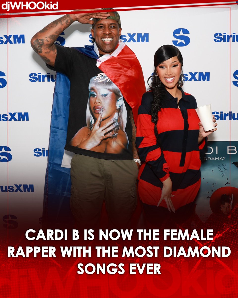DJWhooKid's tweet photo. CARDI B MAKES HISTORY WITH 4 DIAMOND PLAQUES! 💎👑🔥

Cardi B has officially become the female rapper with the most RIAA Diamond certified records ever, adding another milestone to her already crazy career.

Her four Diamond plaques now include:

1) Bodak Yellow;
2) I Like It;
3) WAP (with Megan Thee Stallion);
4) Girls Like You (with Maroon 5).

Congrats queen @iamcardib