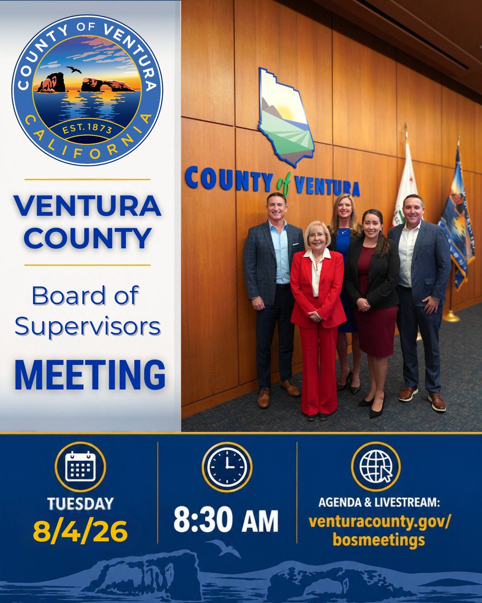 CountyVentura's tweet photo. 📢REMINDER: The Ventura County Board of Supervisors' meeting returns to regular session tomorrow August 4, 2026 at 8:30am!

📍 Attend In Person: Board of Supervisors Meeting Room, Hall of Administration, Ventura County Government Center, 800 S. Victoria Ave., Ventura, CA 93009

💻 Online: Watch the livestream at https://t.co/nV0ttqIM2z and view the agenda.