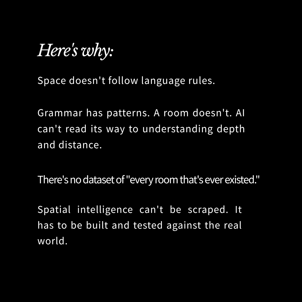 hmci_ai's tweet photo. You can find your light switch at home in total darkness. Put you in a hotel room and it's a full investigation.

That's spatial intelligence. AI still doesn't have it. Turns out writing poetry was the easy part.

#SpatialIntelligence #AI #HMCI https://t.co/MFdUsP9bcw