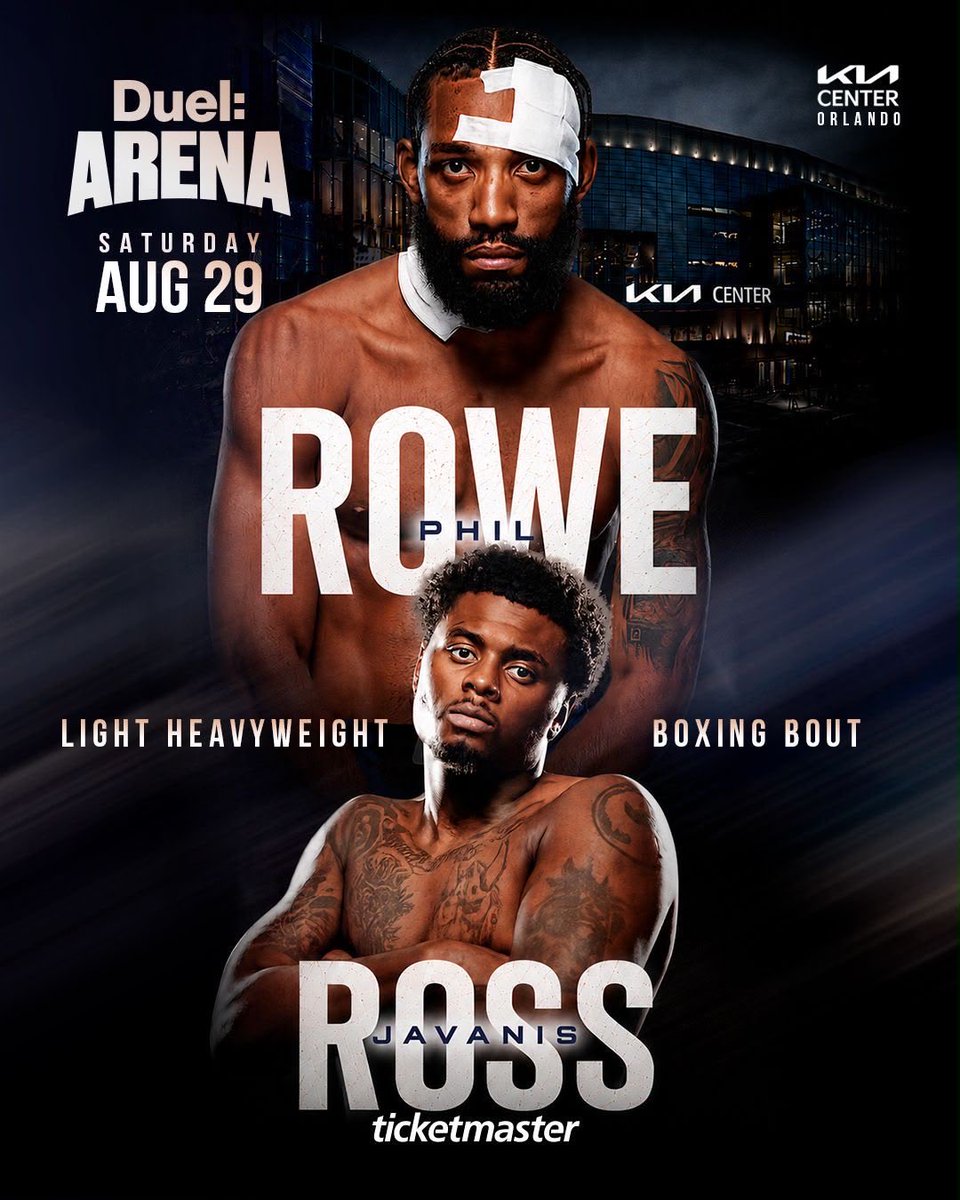 duelarenax's tweet photo. 🚨 FIGHT ANNOUNCEMENT 🚨

Phil Rowe v Javanis Ross was just added to Duel: Arena on 8/29 at @TheKiaCenter in Orlando, FL 🔥

Tickets are on sale now ⬇️

DON’T BLINK.

https://t.co/1lyWdRAx0v https://t.co/iwNsOgW1aa