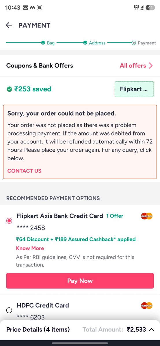 nits2max's tweet photo. @MyntraSupport
@myntra 
Dear Team,
I am trying to place order from last two day. Tried multiple times but still facing the same issue. 
Most disappointing part is that not able to reach customer support. 

Kindly suggest 
Attached screenshot 

Regards 
Nitesh Kumar 
9771492628 https://t.co/vilhmFDvB2