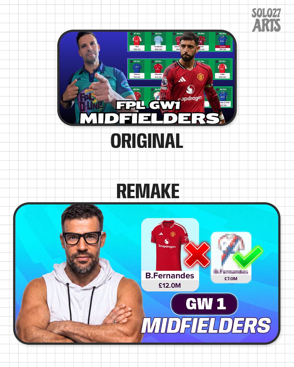 solhalloun27's tweet photo. Original vs Remake 👀
I redesigned one of @FPLD_Unit 's thumbnails with a cleaner layout, stronger visual hierarchy, and a clearer focus on the key GW1 decision.
What do you think? ⚽🎨 https://t.co/aSqIFUS1iV