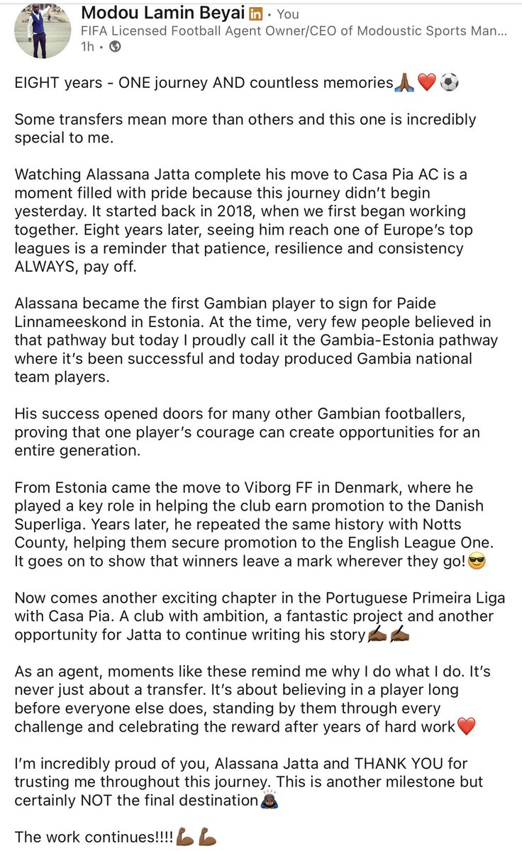 modoubeyai's tweet photo. 8 years - 1 journey &amp; countless memories🙏🏾❤️⚽️

Some transfers mean more than others and this one is incredibly special to me.

Watching Alassana Jatta complete his move to Casa Pia AC is a moment filled with pride because this journey didn’t begin yesterday. It started in 2018… https://t.co/KisSTCHnxf