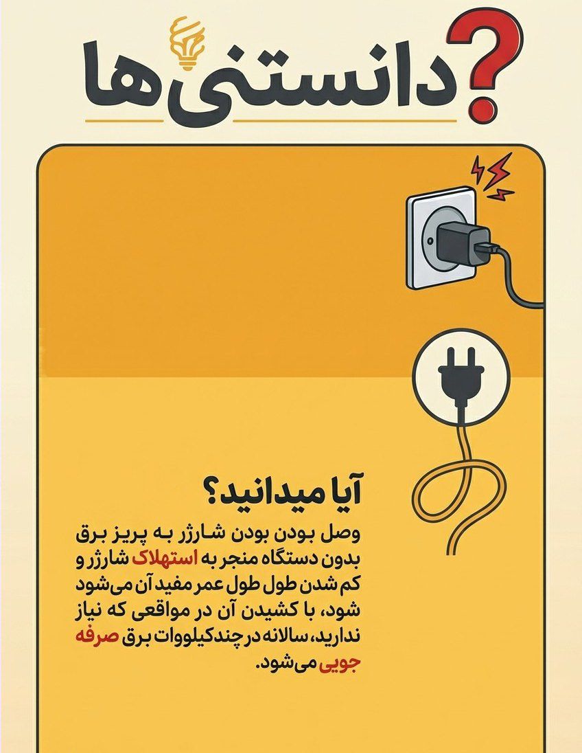 ermiya8689's tweet photo. میدونین!
وصل بودن شارژر به برق  بدون دستگاه موبایل باعث میشه عمر شارژرمون کم میشه.برق هم مصرف میشه.پس لطفا شارژ گوشی که تموم شد شارژر رو  از پریز جدا کنیم.
#برق
#صرفه_جویی https://t.co/PtxXS9Umq5