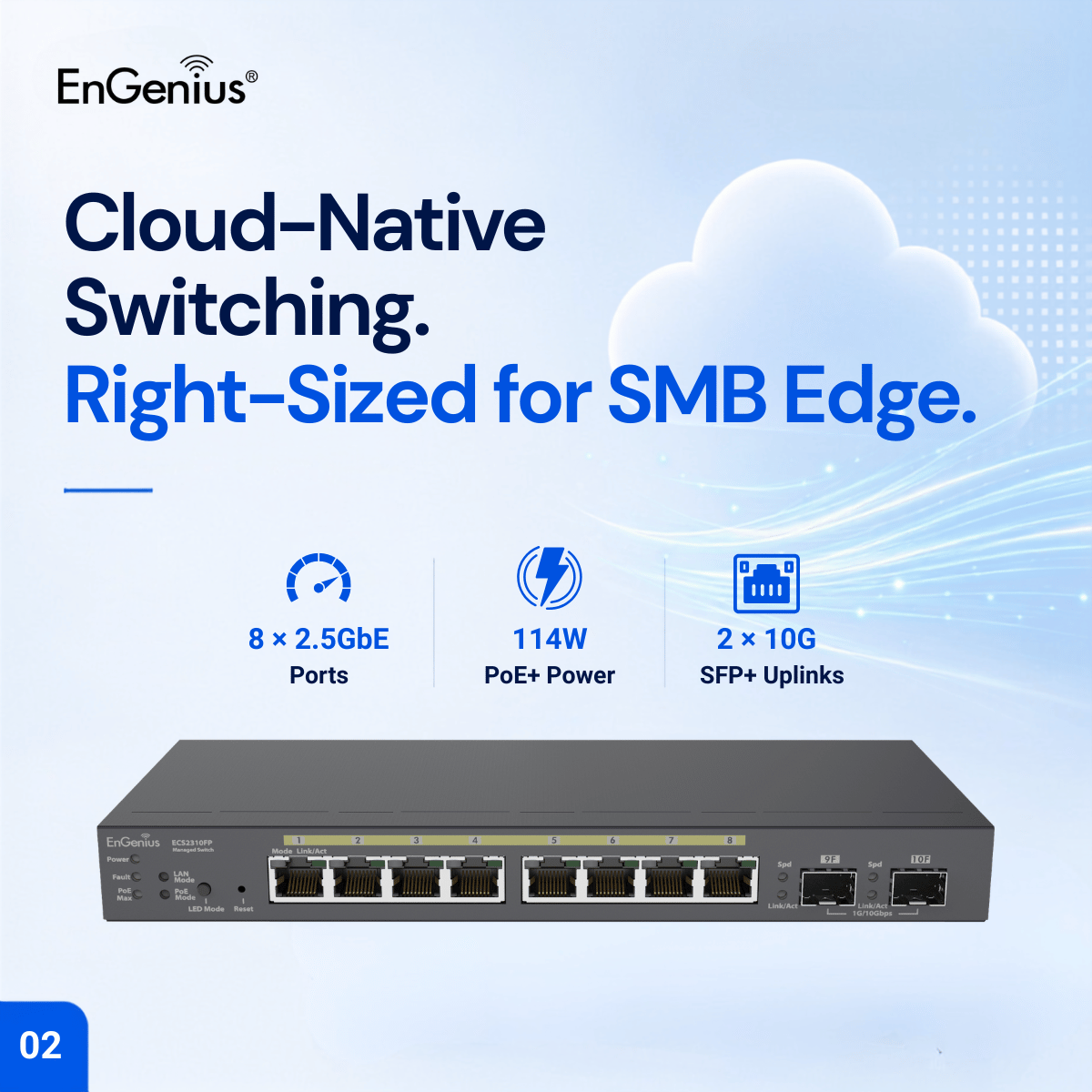 EngeniusTech's tweet photo. Upgrade edge connectivity without overbuilding your network.

The ECS2310FP delivers 8× 2.5GbE ports, a 114W PoE+ budget, EnGenius Cloud management, and a compact fanless design for offices, retail, branches, and surveillance.

Learn more: https://t.co/YbS2vevYPA

#MultiGig #PoE https://t.co/zgUf6QVdUD