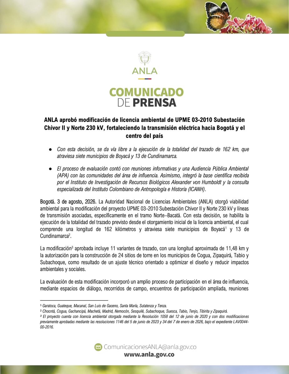 ANLA_Col's tweet photo. #ComunicadoDePrensa | La #ANLA aprobó modificación de licencia ambiental de UPME 03-2010 Subestación Chivor II y Norte 230 kV y Líneas de Transmisión Asociadas, fortaleciendo la transmisión eléctrica hacia Bogotá y el centro del país. https://t.co/VOj6sew4Wy