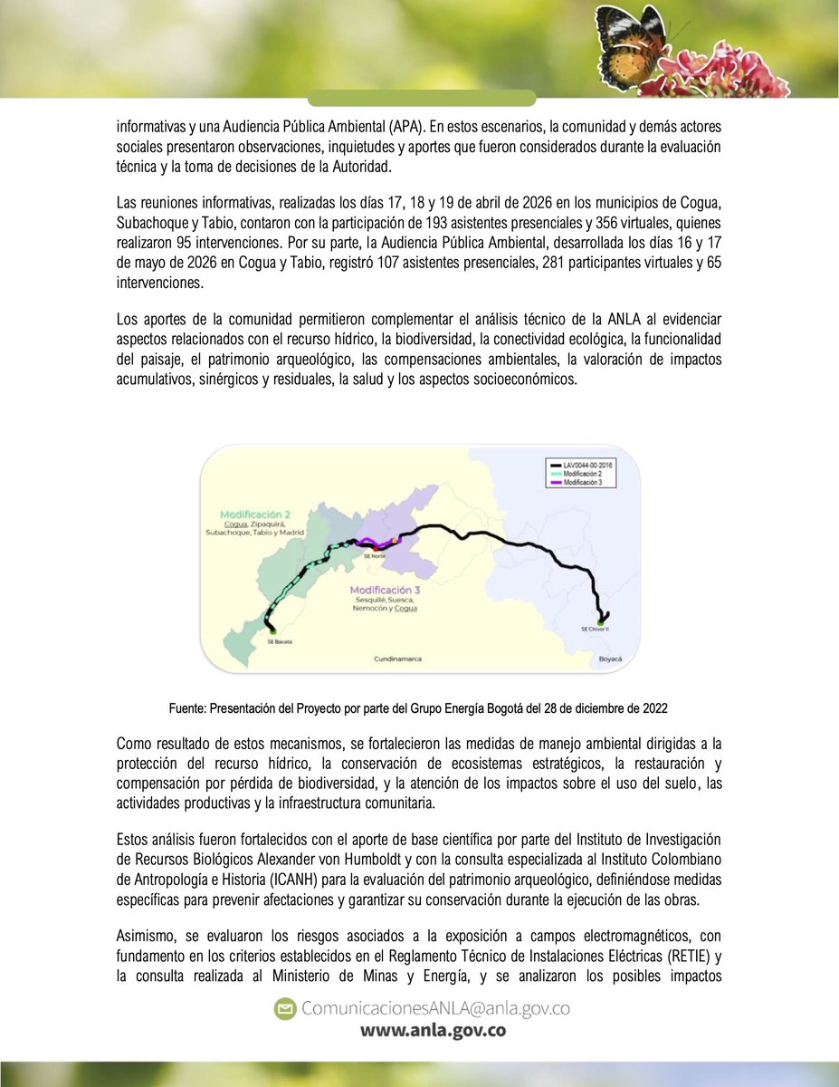 ANLA_Col's tweet photo. #ComunicadoDePrensa | La #ANLA aprobó modificación de licencia ambiental de UPME 03-2010 Subestación Chivor II y Norte 230 kV y Líneas de Transmisión Asociadas, fortaleciendo la transmisión eléctrica hacia Bogotá y el centro del país. https://t.co/VOj6sew4Wy