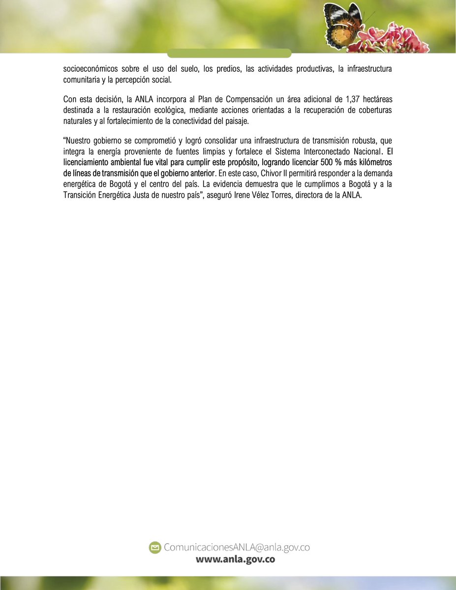 ANLA_Col's tweet photo. #ComunicadoDePrensa | La #ANLA aprobó modificación de licencia ambiental de UPME 03-2010 Subestación Chivor II y Norte 230 kV y Líneas de Transmisión Asociadas, fortaleciendo la transmisión eléctrica hacia Bogotá y el centro del país. https://t.co/VOj6sew4Wy