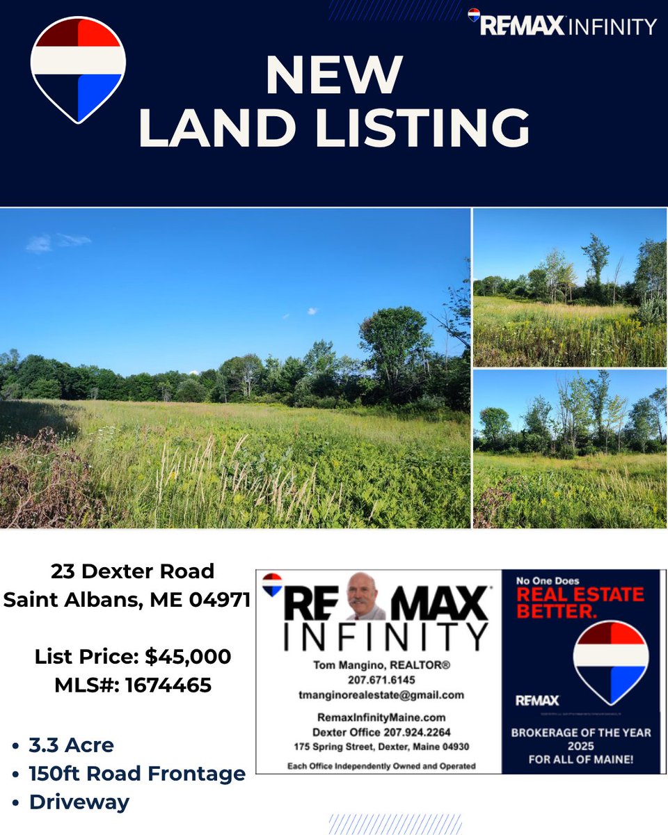 RemaxInfinityME's tweet photo. 🌲New Land Listing with REMAX Infinity in Saint Albans, Maine

📍23 Dexter Rd, Saint Albans, ME 04971
💲$45,000
📋MLS# 1674465

📞REALTOR® Tom Mangino | 207-671-6145
🌐https://t.co/fkDNAx9qAF
📍Dexter 207-924-2264 | Greenville 207-695-2945

#Land #SaintAlbansME #MaineRealEstate https://t.co/HFOcQMVQQj