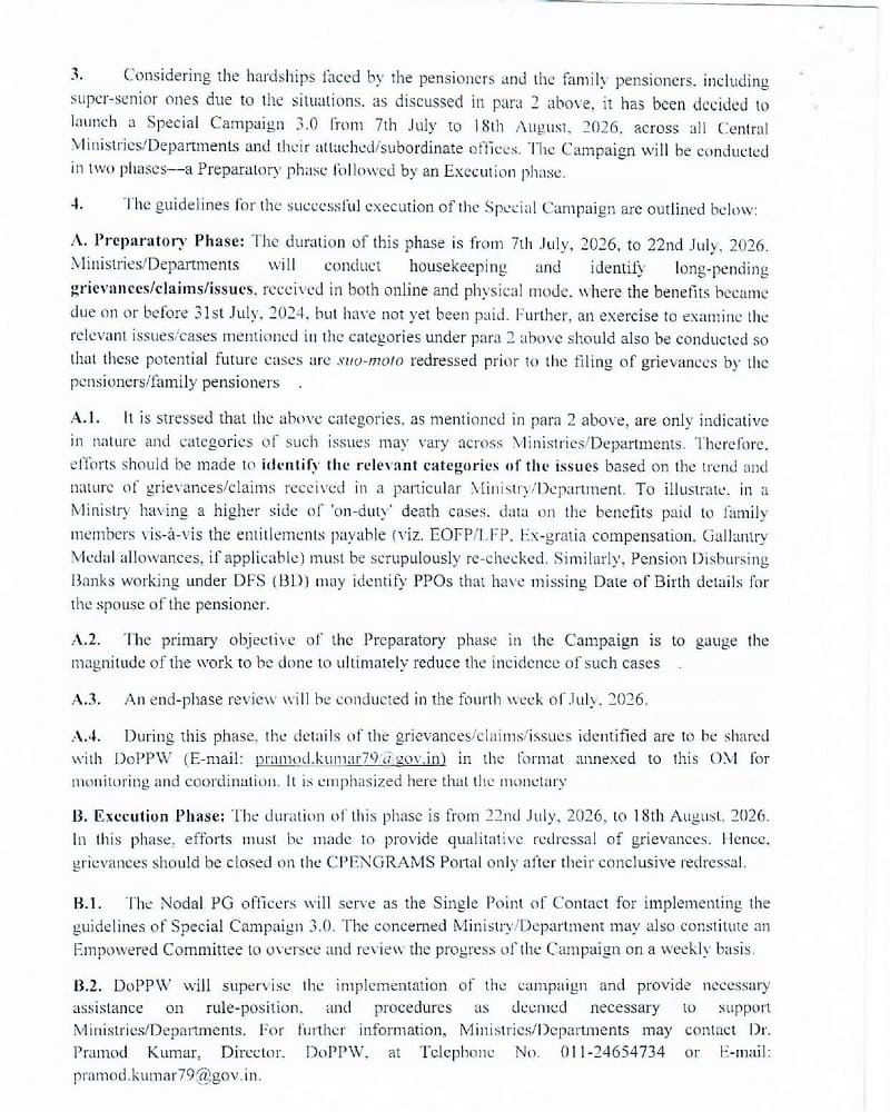 StaffNews_In's tweet photo. Long-pending pension grievances/claims/issues - timely and qualitative redressal during the period from 7th July to 18th August, 2026: Guidelines on Special Campaign 3.0
https://t.co/2djiHzKUFI
#SpecialCampaignDeepCleansing3.0 #pension #grievances #Doppw #staffnews #employeesnews https://t.co/T2lfRPcyCw