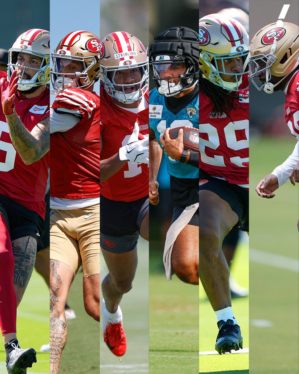 YahooFantasy's tweet photo. 49ers WR and RB injuries through 5 training camp practices:

Mike Evans: quad strain, not practicing
Ricky Pearsall: PCL surgery, out for season
De'Zhaun Stribling: hamstring tightness, day-to-day
Christian Kirk: calf strain, not practicing
Jordan James: fractured rib, out indefinitely
Kaelon Black: adductor injury, not practicing