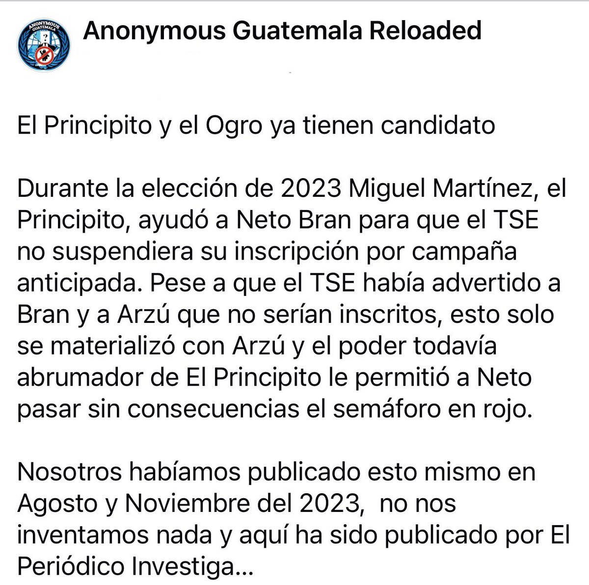 LosAnonymousGT's tweet photo. Nosotros habíamos publicado esto mismo en Agosto y Noviembre del 2023,  no nos inventamos nada y aquí ha sido publicado por El Periódico Investiga…  

El Principito y el Ogro ya tienen candidato

Durante la elección de 2023 Miguel Martínez, el Principito, ayudó a @netobran … https://t.co/2dUlRTUwom