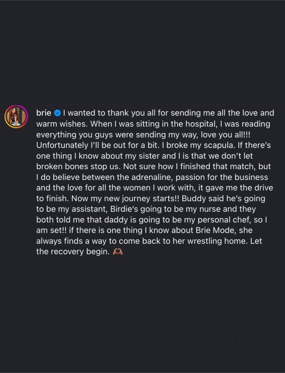 WrestlePurists's tweet photo. Brie Bella confirmed that she suffered a broken scapula and will be out of action for a bit

“Not sure how I finished that match, but I do believe between the adrenaline, passion for the business and the love for all the women I work with, it gave me the drive to finish.”

(IG) https://t.co/sUJXdHmFZU