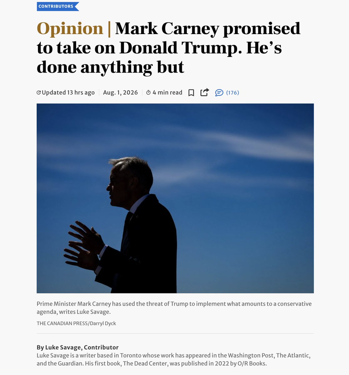 LukewSavage's tweet photo. I'm in the Star today with a piece on the Carney government's handling of relations with the United States. Last year, Canadians gave Mark Carney a mandate to disentangle our country from the empire to the south. He's done the exact opposite.  

Link in next tweet. https://t.co/VRpgIOB4Sm